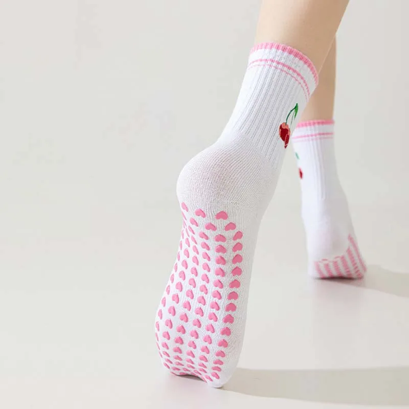 

Women Cotton Yoga Socks Cherry Embroidered Lettuce-Edge Dot Silicone Non-slip Grip Pilates Crew Sports Socks Ladies