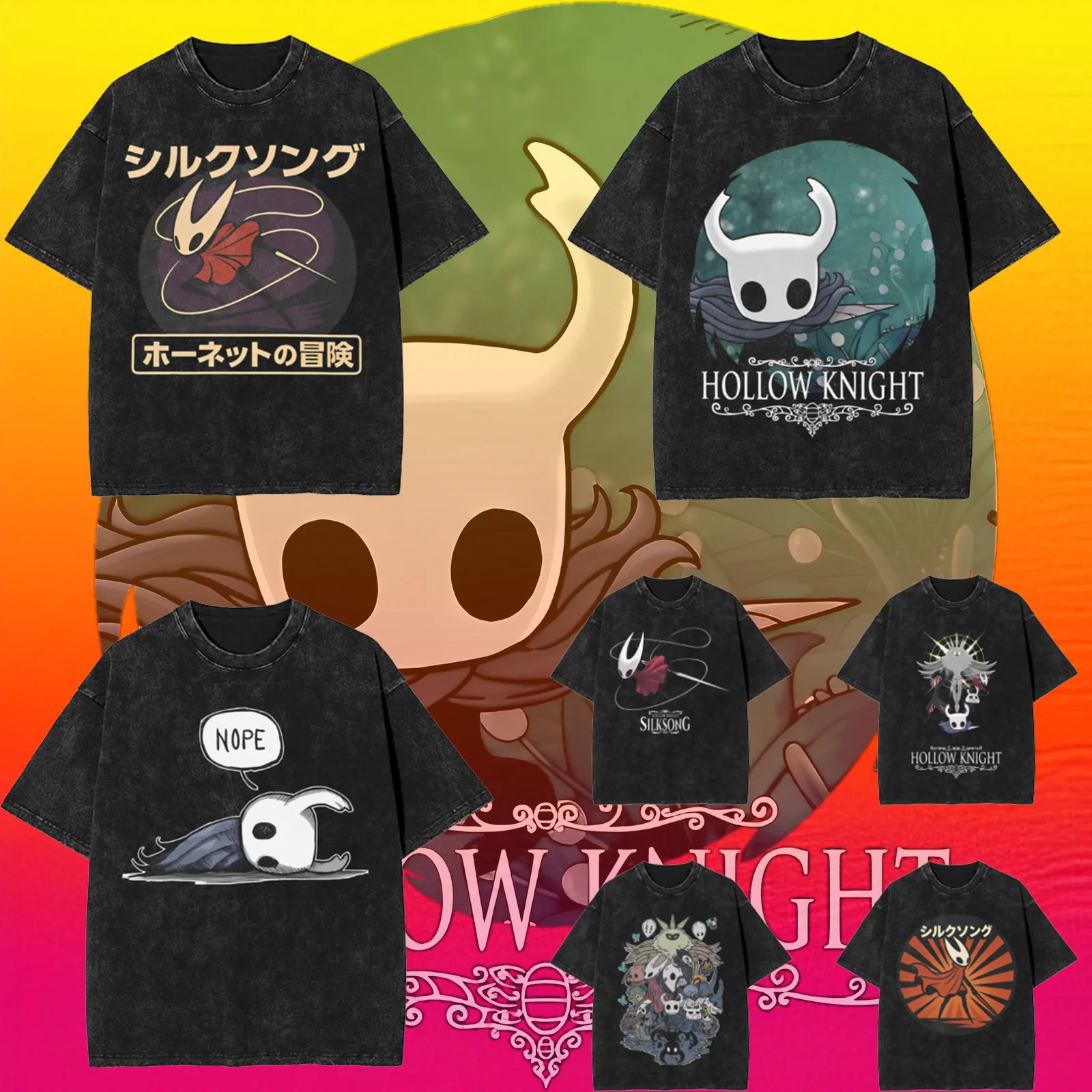 

Streetwear Washed T-Shirt Hollow Knight Cotton T-Shirts Hippie Tee Shirt for Man Summer Aesthetic Design Clothes