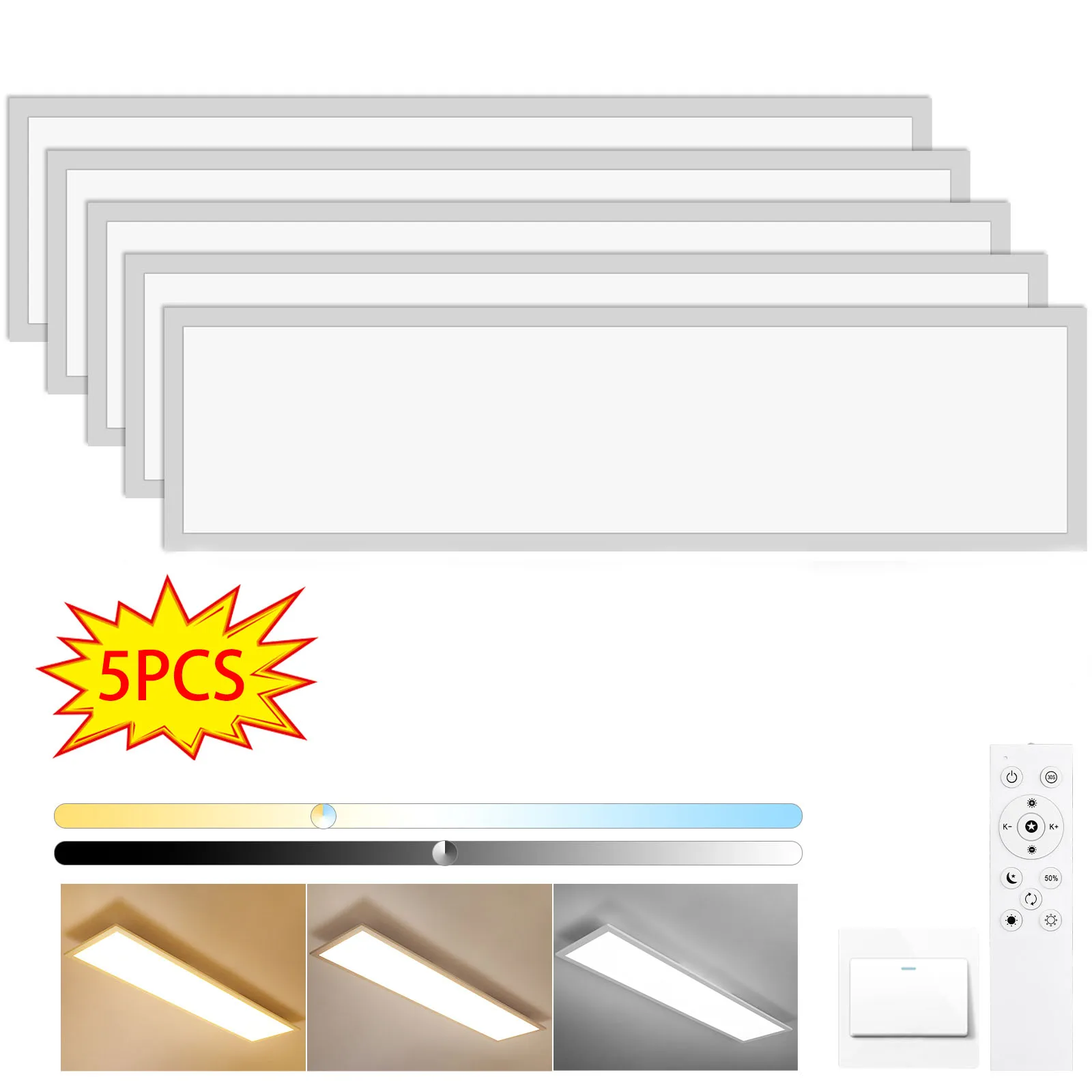 5x LED-Deckenleuchte 100x25cm mit Fernbedienung, Dimmbar 30W 3800LM, 3000K-6500K, Speicherfunktion, für Büro Wohnzimmer Schlafzimmer