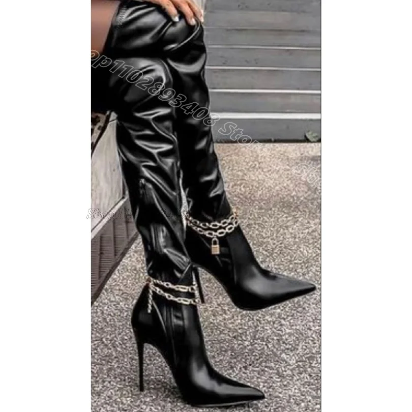 

Black Stiletto Chain Decor Sexy Boots Pointed Toe British Style Fashion Women Party Dress Women Boots 2025 Zapatos Para Mujere
