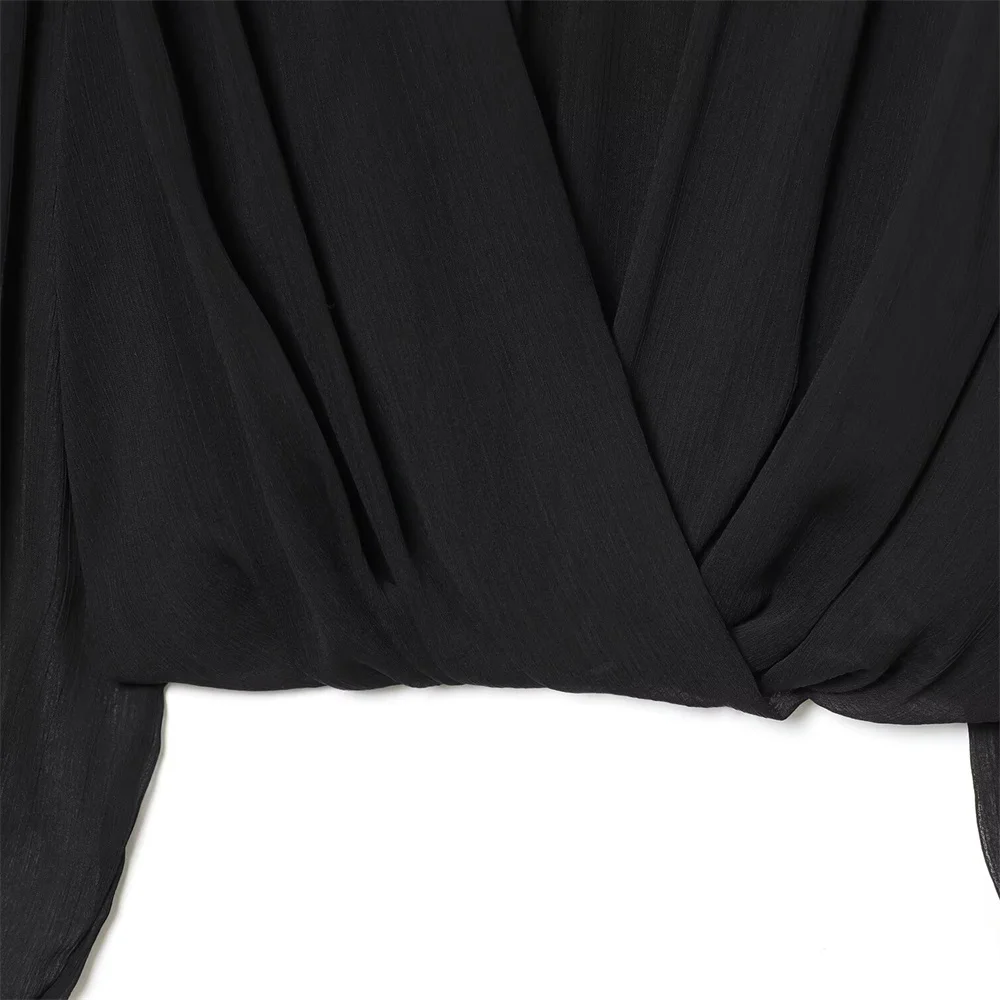 Inverno nova moda feminina gola alta manga comprida design inchado curto semi transparente camisa balão plissado