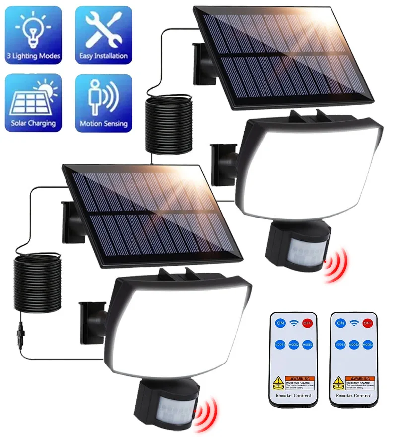 Solar Lights Outdoor - 2PCS, IP65 Waterproof Solar Flood Lights with 16.4ft Cable, 3 Modes Motion Sensor Light for Garden Yard