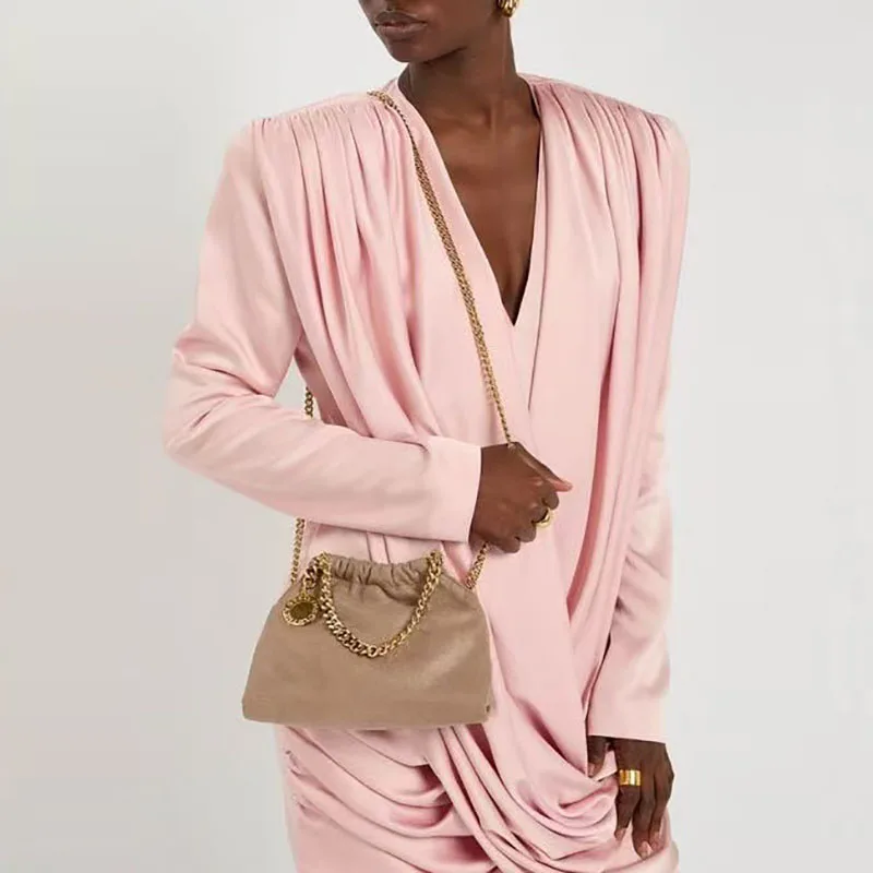 2025 Fashion Temperament Pink Short Dresses Satin Cross V Neck Women's Dress Autumn Sweet Elegant Long Sleeved Party Mini Dress