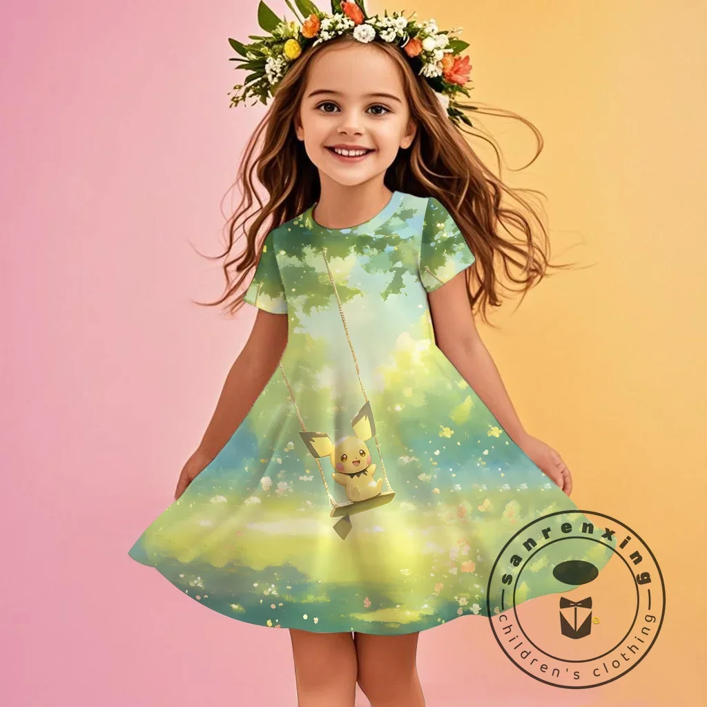 

New Kids Baby Girl Dress Cute Cartoon Bow Pikachu Princess Dress Toddler Christmas Hallowmas Birthday Party Dresses Kawaii