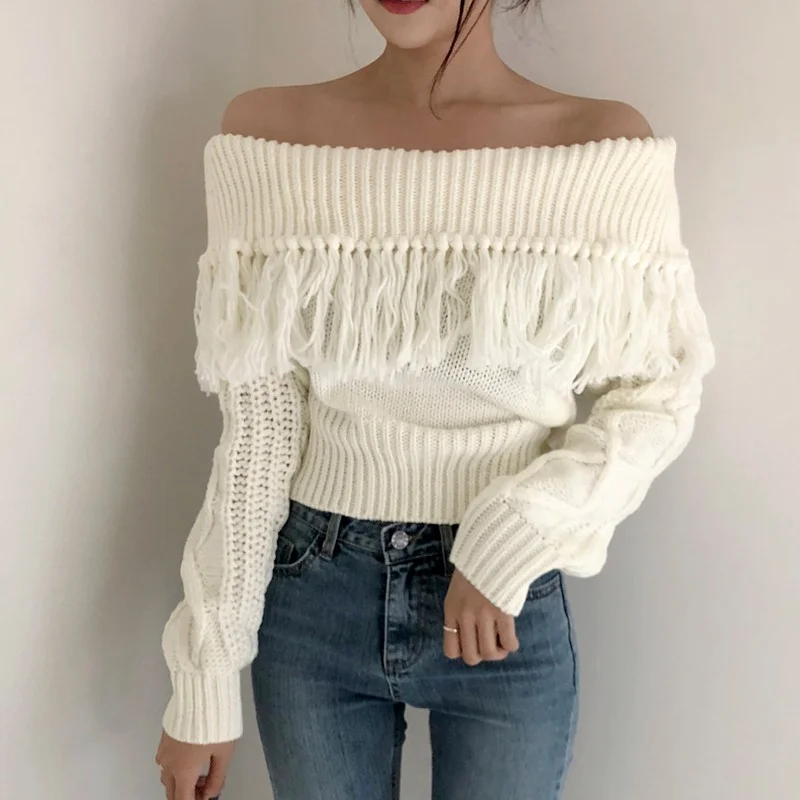 

2023 Sexy Off Shoulder Tassel Sweater Women Loose Long Sleeve Twist Knitted Pullovers 2023 Vintage Korean Crop Sweaters Jumper