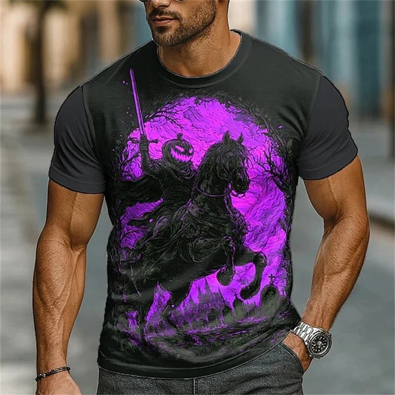 Adult Men's T-shirt - Pumpkin Headless Knight 3D Pattern - Loose and Quick-Drying Streetwear Top with Round Neck For Summer