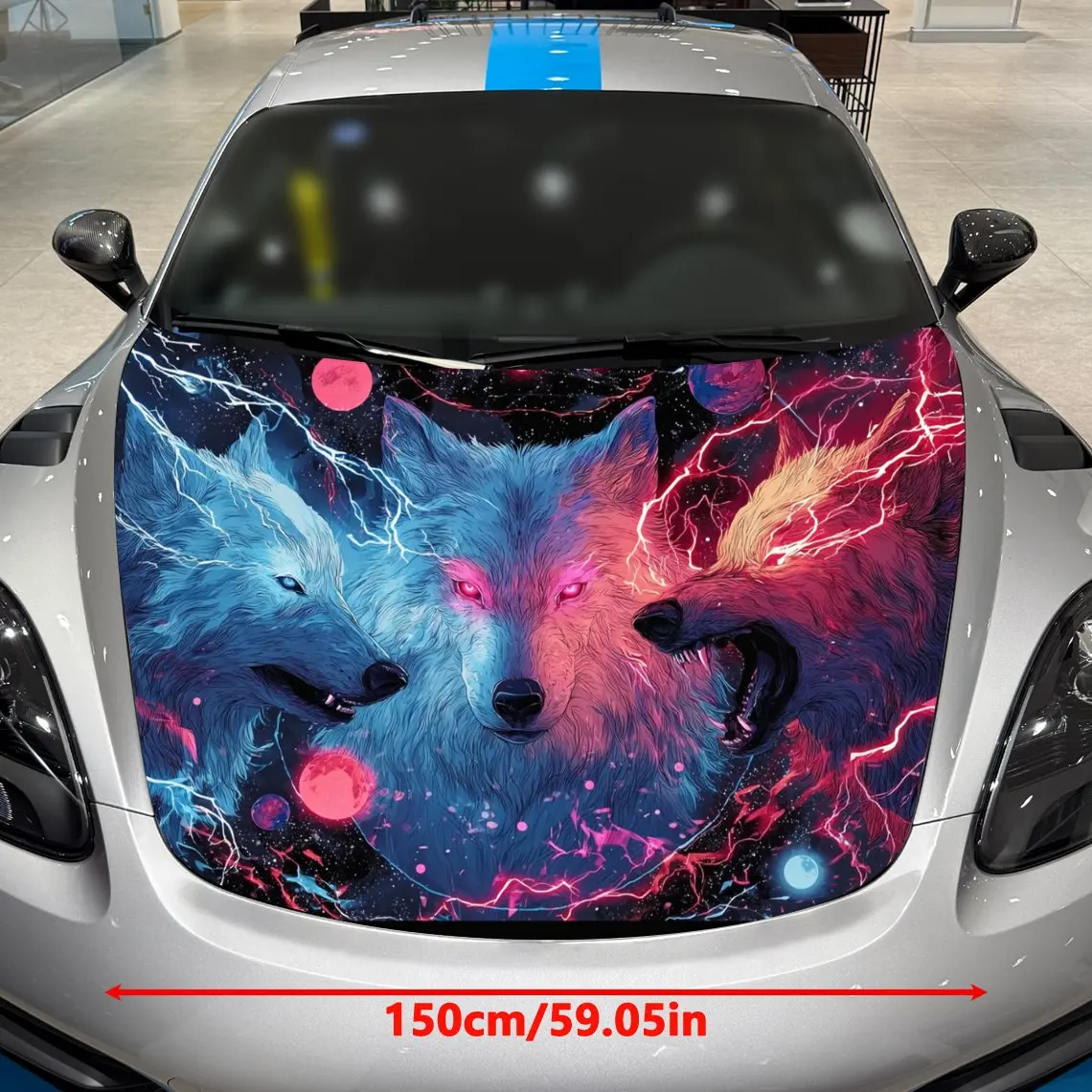 Neon Lightning Three Wolves Car Vinyl Wrap, PVC Material Waterproof Car Hood Sticker, Self-Adhesive Scratch-Resistant Stickers f