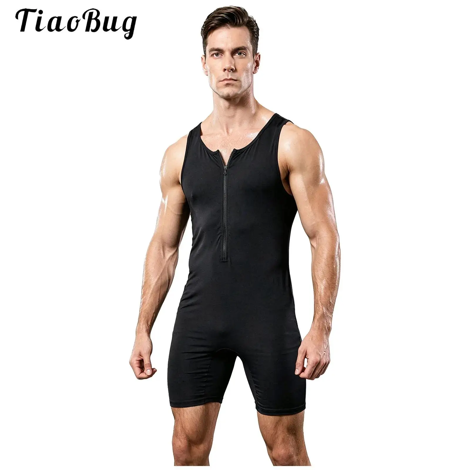 Men One Piece Sauna Sleeveless Jumpsuit Solid Color Zipper Front Thigh Length Bodysuit for Workout Gym Fitness Cycling Jogging