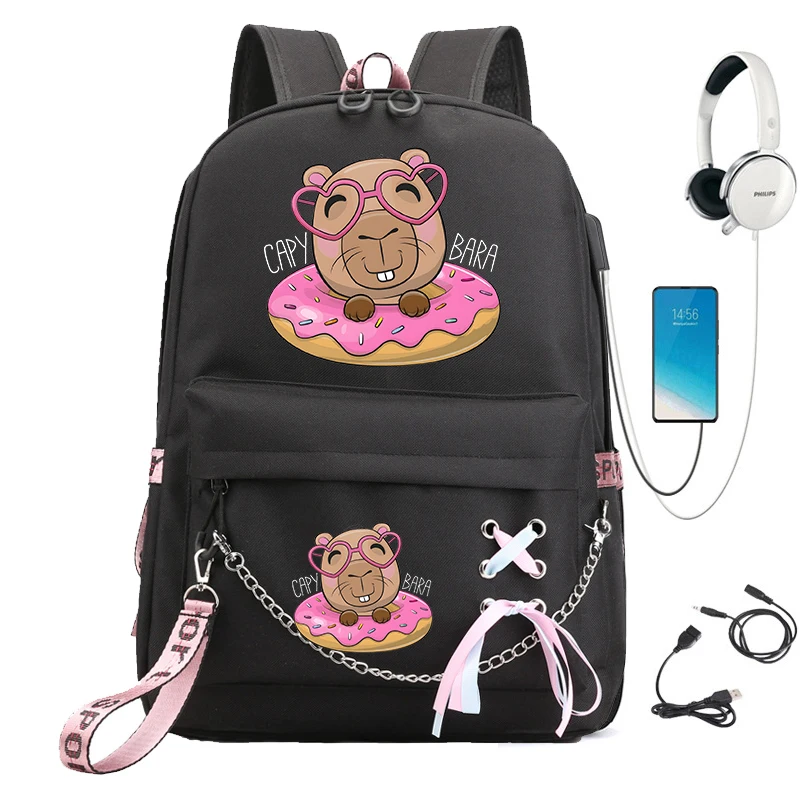 Capybara Anime Mochila para Crianças, Mochila Adolescente, Bagpack de Carregamento USB, Bookbag de Viagem dos Desenhos Animados para Meninas, Cute School Bag para Meninas