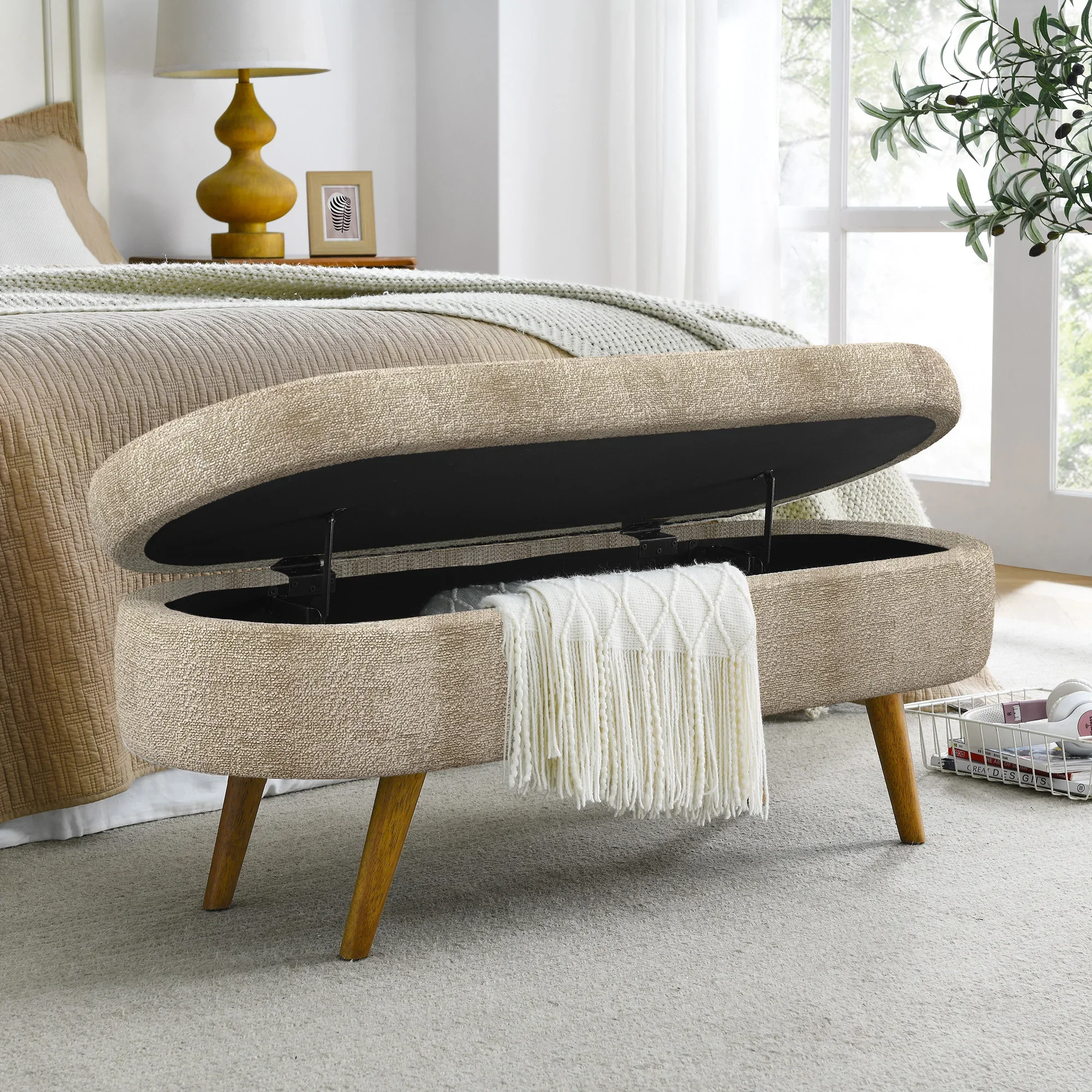 Multifunctional Boucle Storage Bench, 43.5 Inch Oval Upholstered Ottoman Bench with Safety Hinge Lid, Wooden Legs, Padded Seat for Bedroom Entryway Living Room End‑of‑Bed Stool