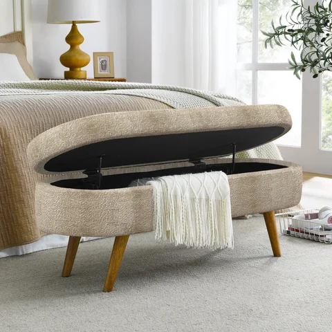 Multifunctional Boucle Storage Bench, 43.5 Inch Oval Upholstered Ottoman Bench with Safety Hinge Lid, Wooden Legs, Padded Seat for Bedroom Entryway Living Room End‑of‑Bed Stool