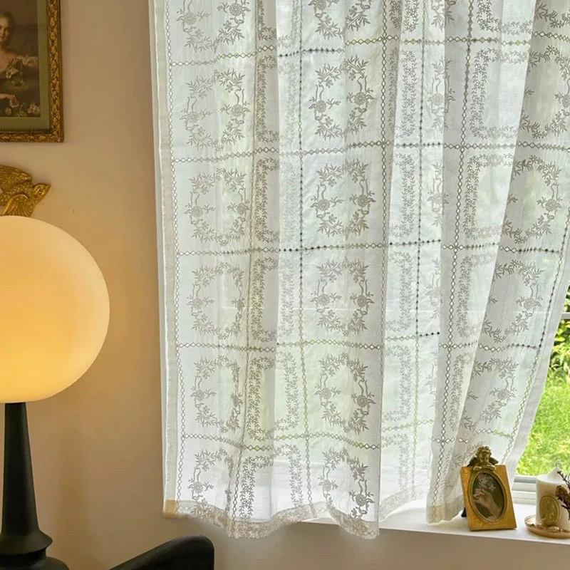 French Romantic Court Style Flower Embroidery Window Curtain White Elegant Half-Sheer Drapes Rod Pocket for Living Room Bedroom