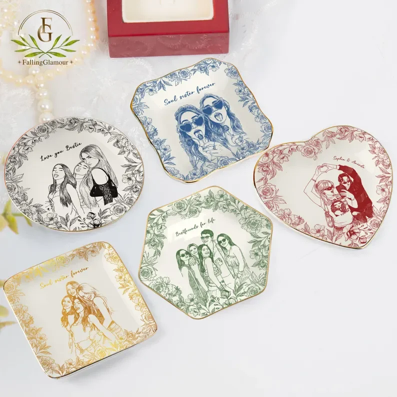 Custom Photo Sketch Ceramic Jewelry Dish Gold Rim Multi Shape Personalized Family Portrait Ring Trinket Tray Bridesmaid Gift