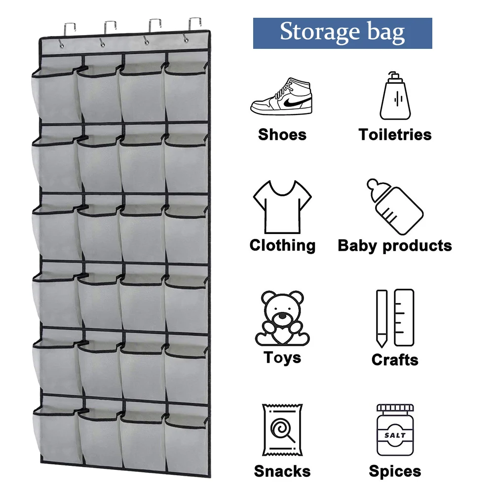 24 Pockets Wall Storage Bag Clear View Pocket Hanging Shoe Organiser Rack Behind Doors with 4 Metal Hooks Shoes Rack Storage Bag