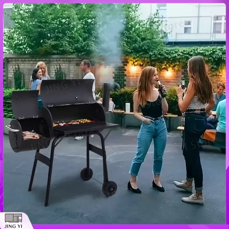 Outdoor Barrel Charcoal Grill with Side Fire Box Portable Trolley BBQ Grill for Camping Garden Patio Cooking Outdoor Cooking