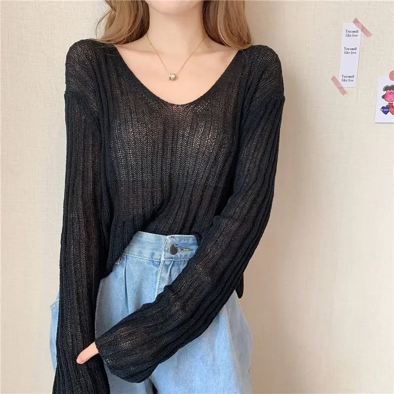 Jerséis rosados de verano para mujer, colores caramelo, estilo dulce, diseño con cuello en V, suave, transpirable, sólido, acogedor, a prueba de sol, moda, nuevo estilo coreano