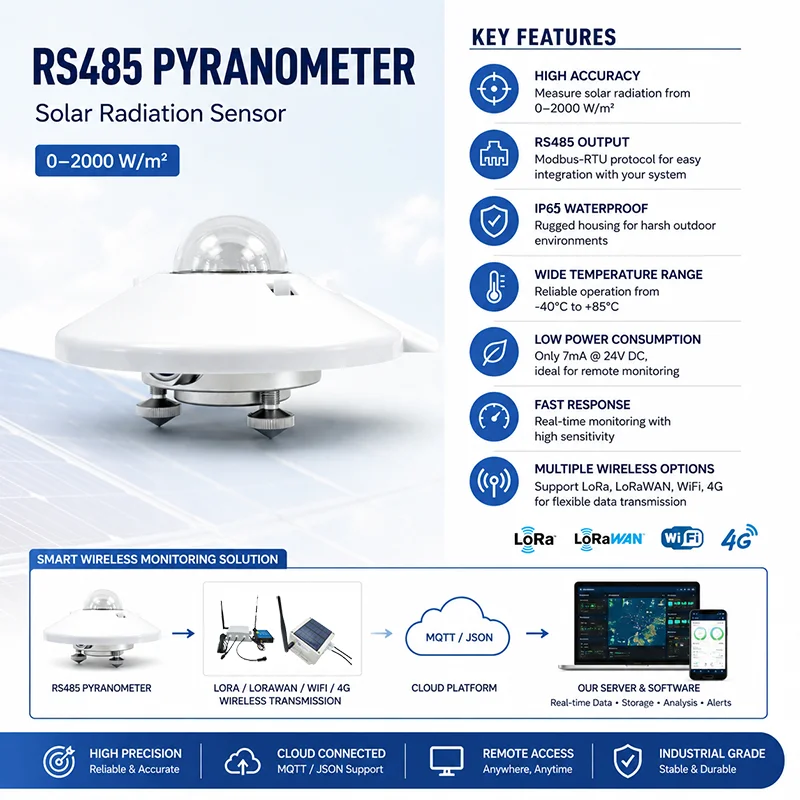 Good Class a B C Modbus RTU Pyranometer Solar Irradiance Sensor for PV Plant Weather Station Monitoring LoRa 4G Wifi MQTT Option