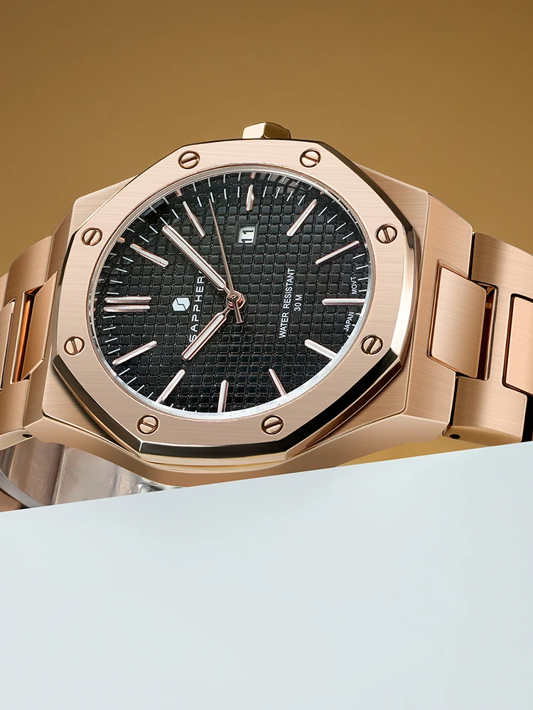 SAPPHERO Rose Gold Herenhorloges Luxe roestvrijstalen horloge High-end herengeschenken Klok Datum Mode Sport Waterdicht horloge voor heren