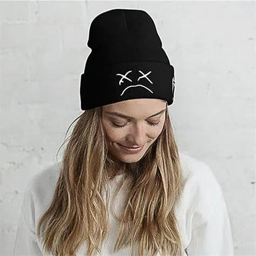 Warm Personality Autumn Winter Beanie Funny Embroidered Sad Face Expression Knitted Hat Warm Ear for Protection