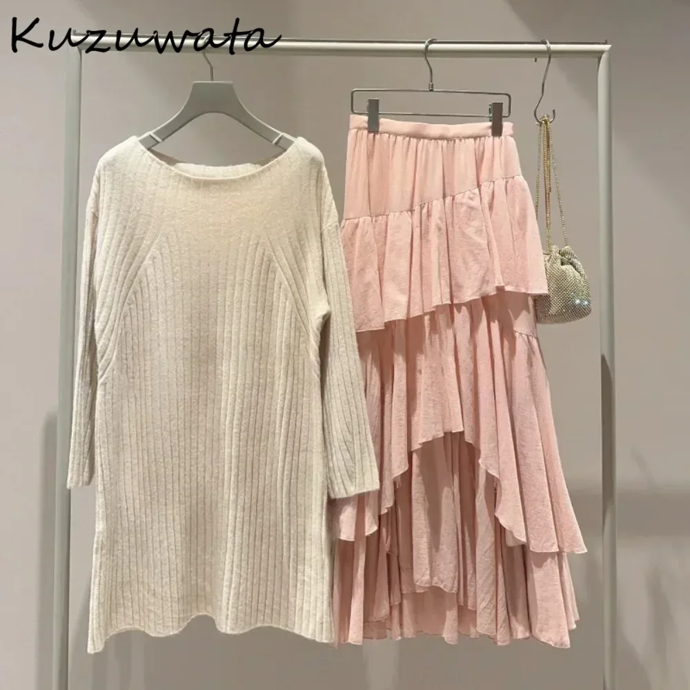 Kuzuwata New Slash Neck Long Sleeve Loose Dress Off Shoulder Stripe Mid-length Robe Japan Knit Slim Fit Sweet Pullover Vestidos