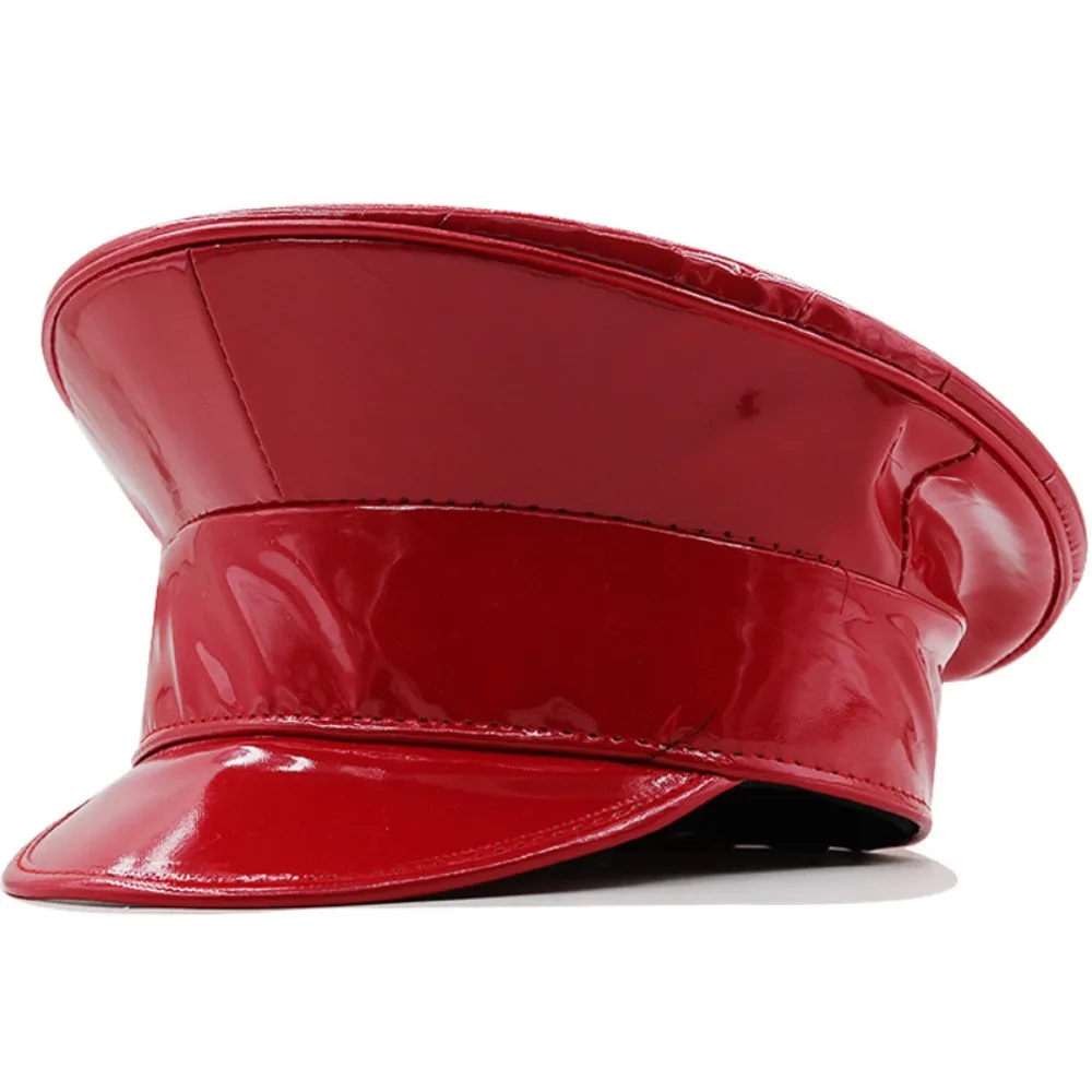 Unisex Design PU Leather Laser Hats Waterproof UV Protection Captain Cap Sunscreen Flat Caps Leather Beret Cosplay Show