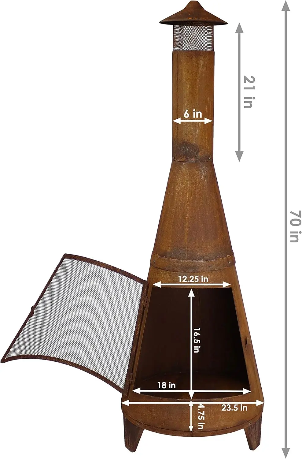 Chiminea de aço resistente rústico de 70 polegadas com tampa de chuva e tela de faísca de malha - acabamento patina enferrujada