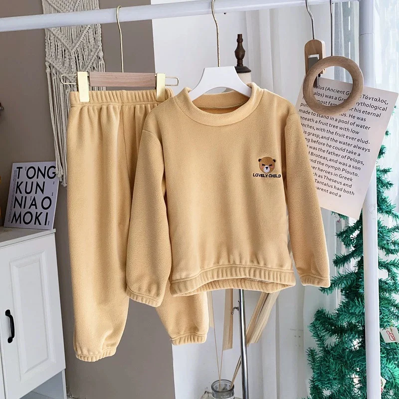 Winter Children's Fleece Sets Boys Thickened Suit Girls Cartoon Warm Pyjama Trousers 2Pcs Autumn Kids Casual Long-Sleeved Outfit