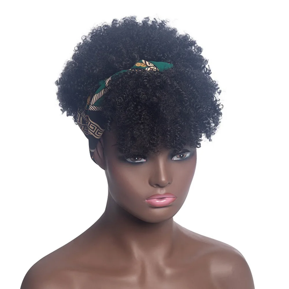 สังเคราะห์สั้น Kinky Curly วิกผม Afro พัฟ Curly สําหรับผู้หญิงธรรมชาติ Turban Wrap วิกผมคอสเพลย์ทุกวันวิกผมทนความร้อน