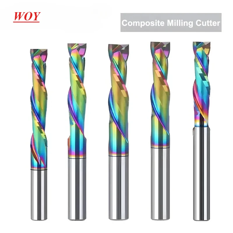 

WOY 3.175 2-Flute Compound Milling Cutter DLC Coating Tungsten Steel Carbide Woodworking Acrylic CNC Spiral Milling Cutter