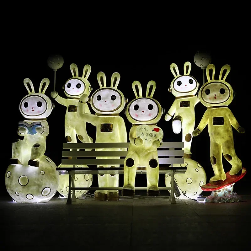 Luminous moonlight cartoon rabbit outdoor fiberglass sculpture astronaut rabbit lawn garden landscape decoration