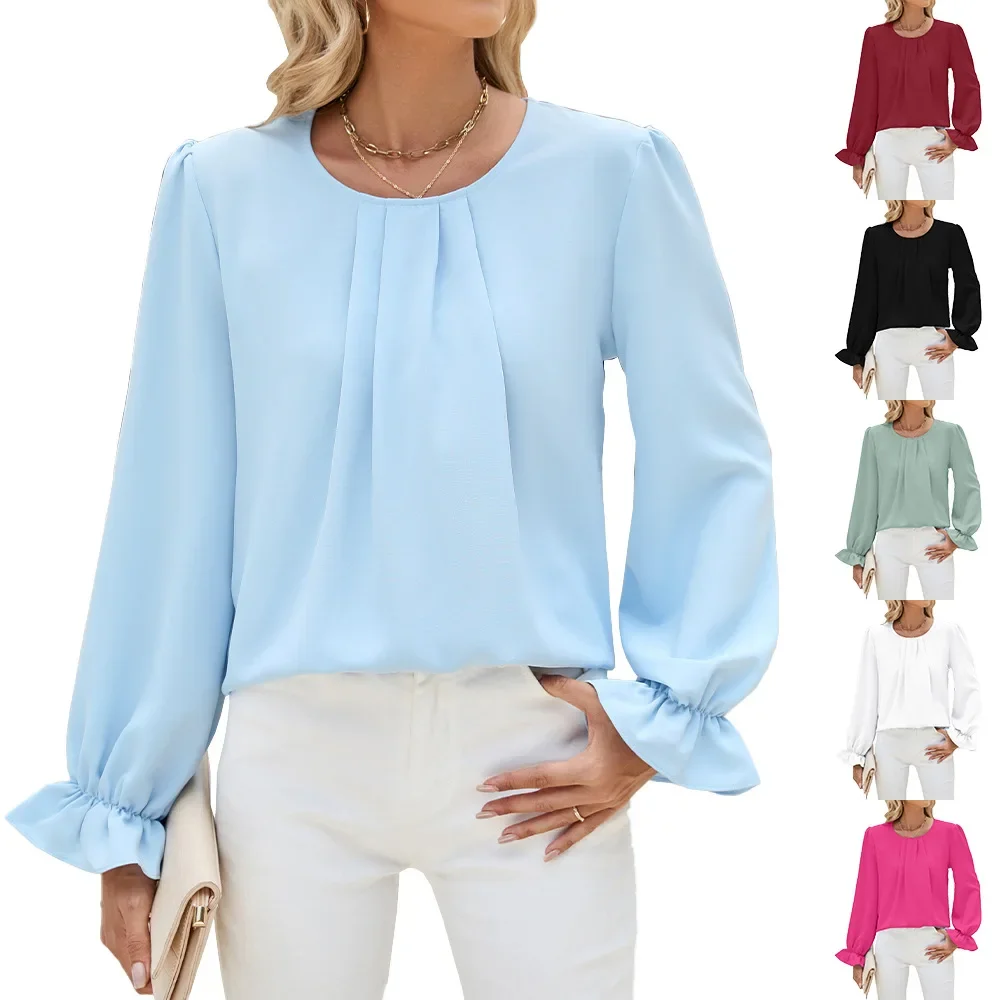 Autumn and Winter Casual Solid Color Round Neck Loose Long-sleeved Chiffon Top Bottoming Shirt