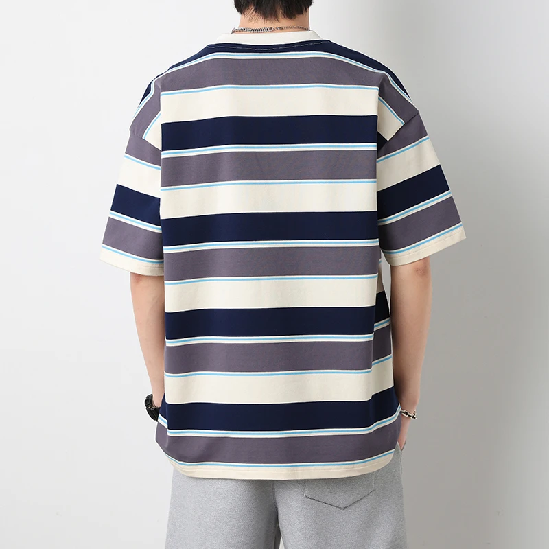 Korean Contrasting Colors Striped T-shirts Men\'s Clothing Chic O-Neck Casual Loose Summer Youthful Vitality All-match Pullovers