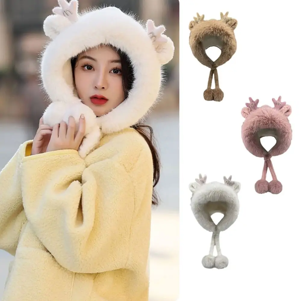 

with 2 Plush Balls Hat Scarf Set 2023 New With Antlers Brimless Ear Protection Hat Cartoon Warm Scarf Women Girls