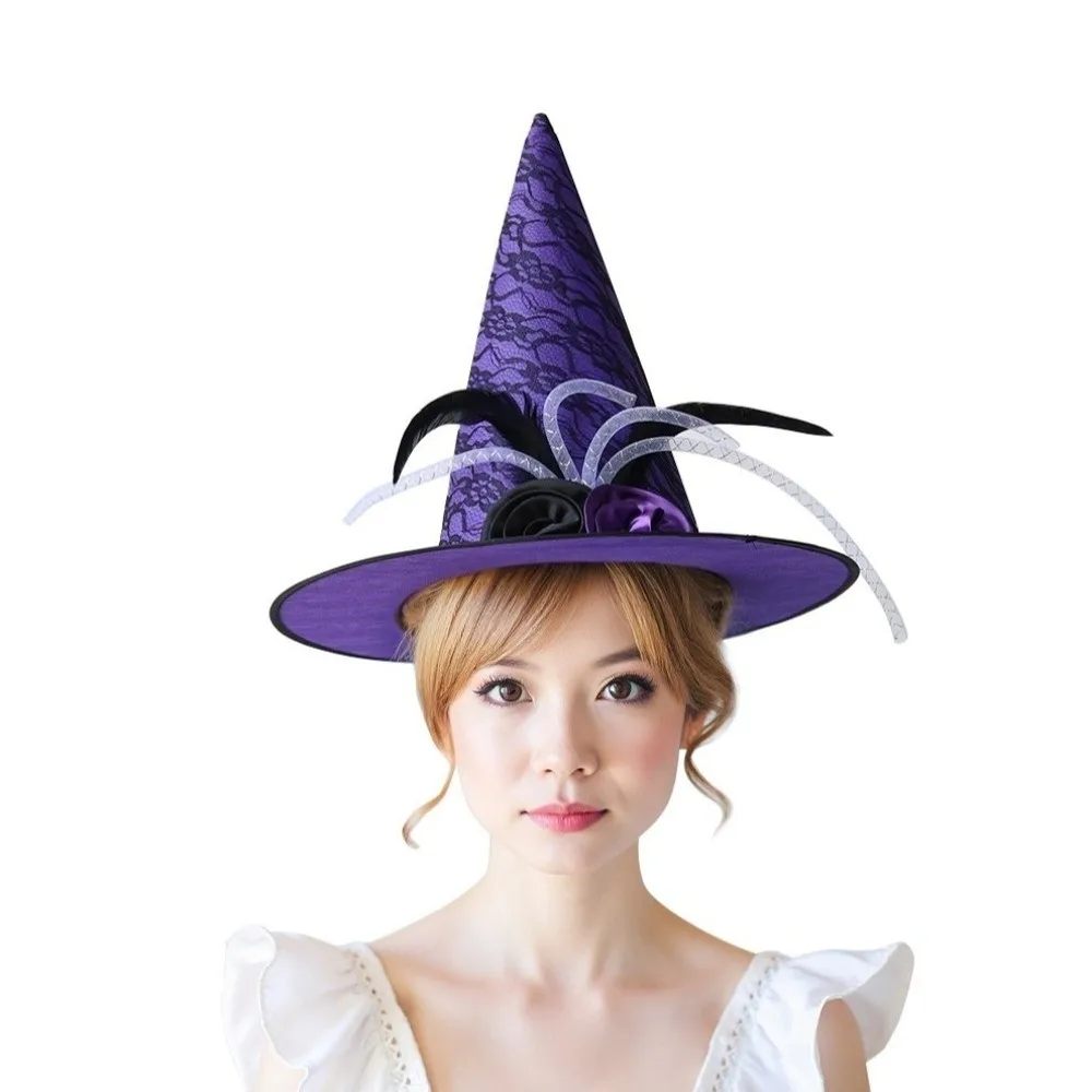 Lace Veil Halloween Witch Hat Foldable Party Props Flower Wizard Cap Cosplay Accessories Rose Feather Halloween Cap Masquerade