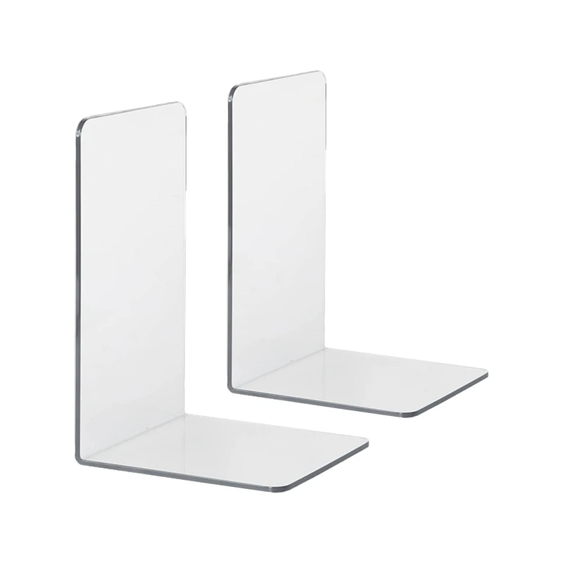 2Pcs Book Ends Fall-resistant Clear Acrylic Bookends Desktop Storage Partition L-Shaped Transparent Book Ends