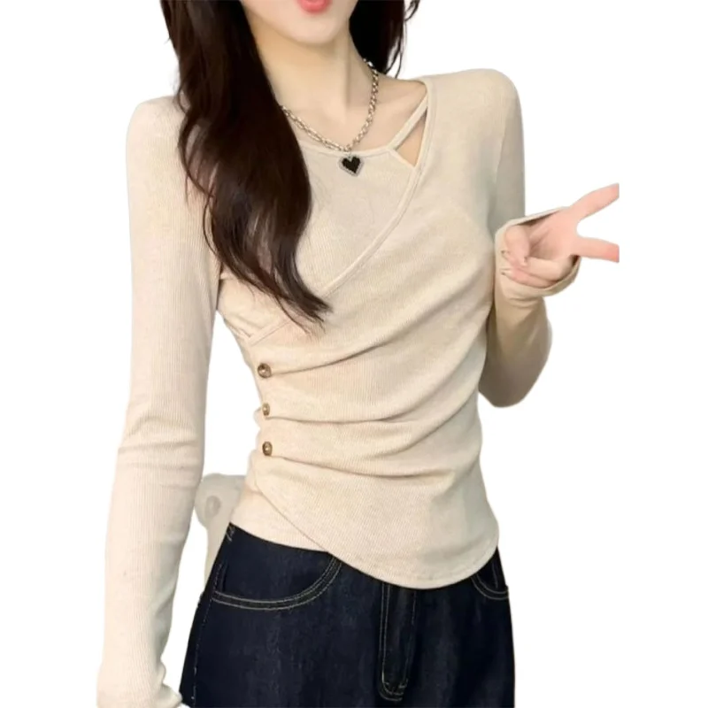 

French Style Fleece Warm Base Shirt for Women 2026 Autumn New Fashionable Elegant Slimming Form-fitting Long-sleeved T-shirt Top