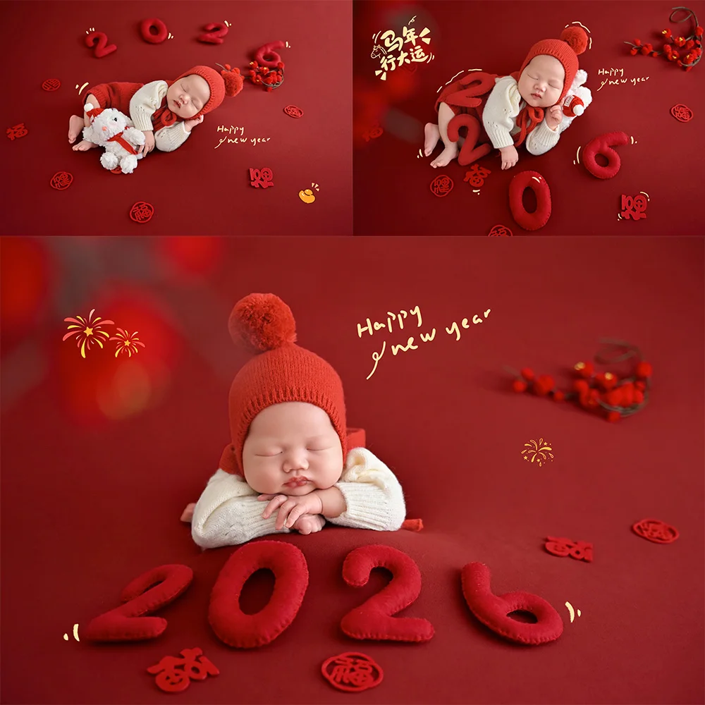 新生児写真撮影用小道具-赤いニットロンパース-ポンポン帽子セット-ぬいぐるみ数字2026デコレーション小道具-スタジオ用-赤ちゃん新年記念写真用