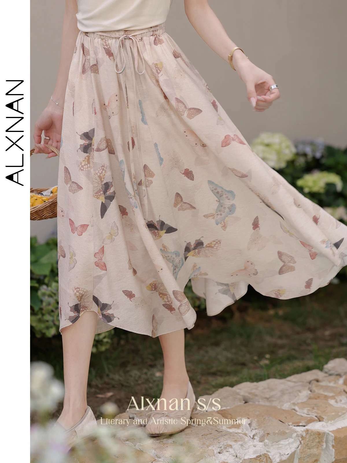 ALXNAN Frenchy Lady Midi Skirt 2024 Fashion Butterfly Print Tie Elastic Waist Flowy Flared Skirts Women Summer Clothes L35709