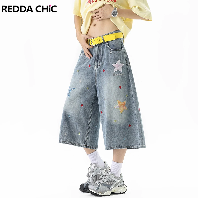 

REDDACHiC Tartan Star Patched Jean Shorts Women Cutecore Do Old Wide Leg Loose Fit Denim Bermuda Pants Vintage Y2K Streetwear