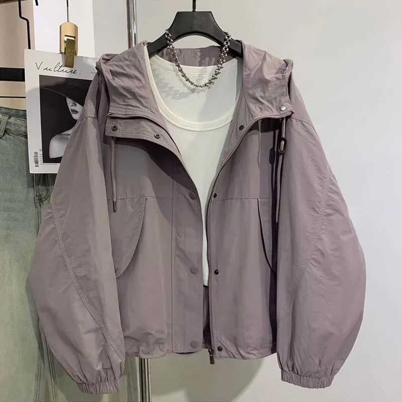 Women's Korean Hooded Purple Windbreaker 2027 New Loose Spring Autumn Casual All-match Coat Women Outerwear Overcoat