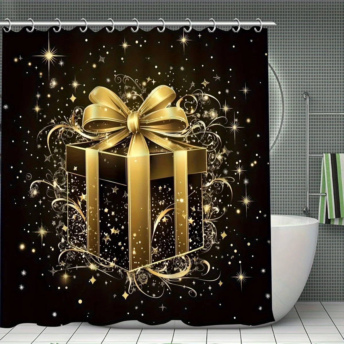 4PCS Christmas Gold Gift Box Shower Set, Minimalist Holiday Design, 12 Hooks, Non-Slip Mat, U-Seat Cover, Winter Bathroom Decor