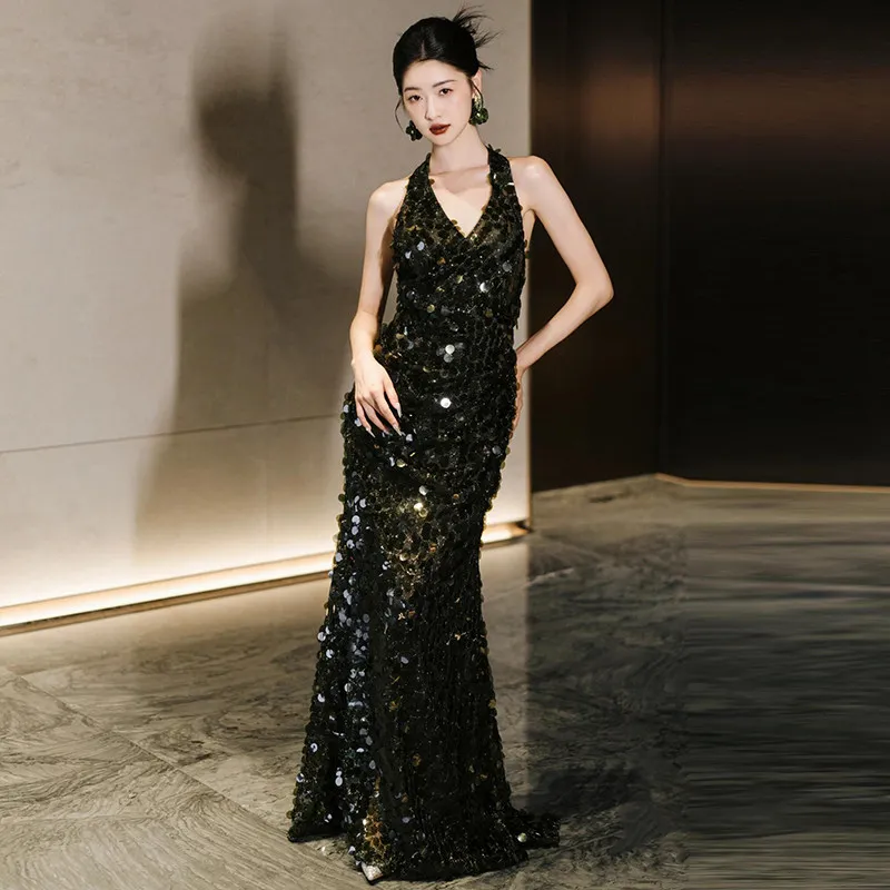 

It's Yiiya Customized Evening Dress Black Sequins Halter Neck Mermaid Floor Length Plus size Woman Party FOrmal Gown 260029