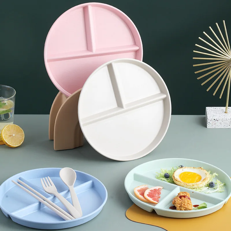 Wheat Straw Divided Plate 3 Compartment Portion Control Round Diet Plate Plastic Meal Prep Plate Set Kitchen Eco Friendly