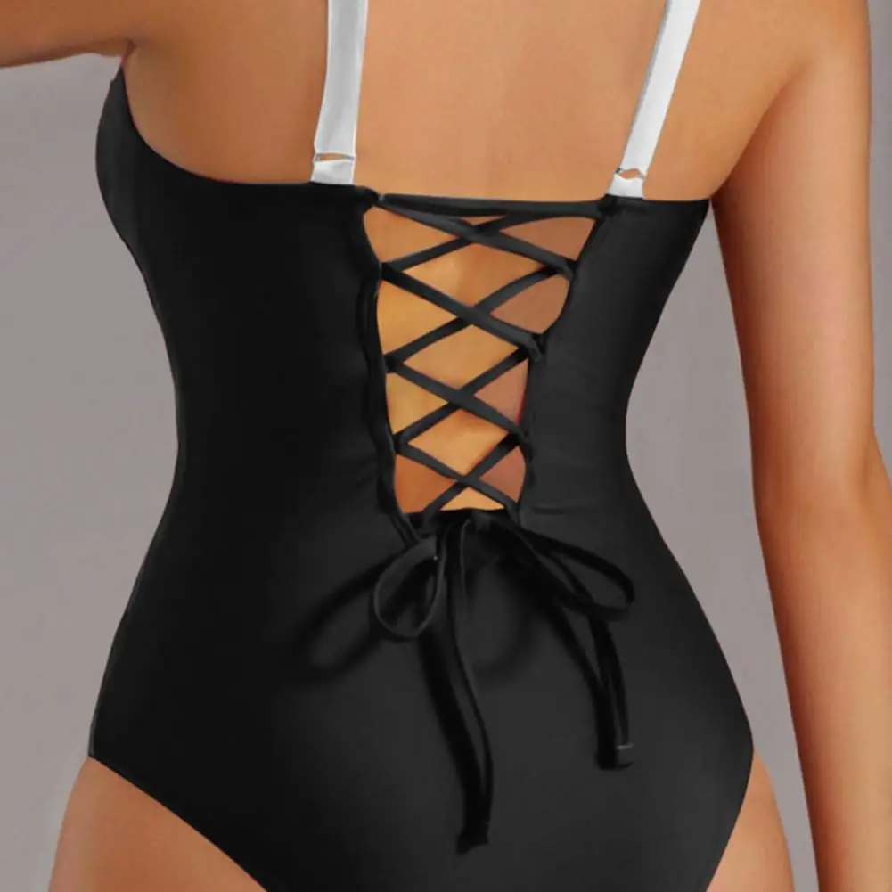Maillot de bain une pièce rembourré pour femmes, soutien-gorge froncé, à lacets, dos exposé, Monokini, Patchwork, couleur, serrage du ventre
