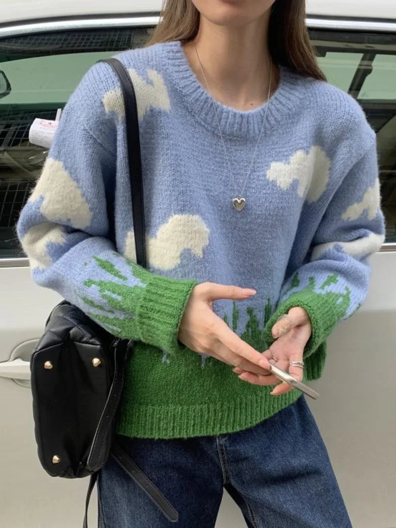 2022 inverno nuovo vento delicato e nuvole bianche maglione pittura a olio maglione Pullover sciolto e sottile, fresco e dolce da donna