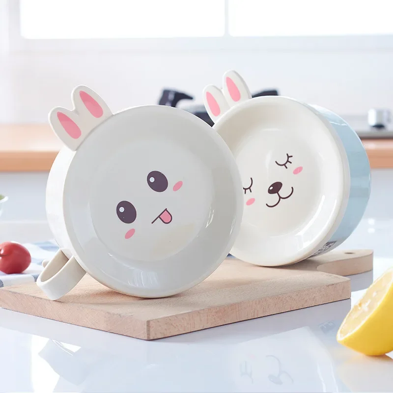 Korean Stainless Steel Double-layer Ramen Noodles Bowl Anti-scalding Instant Noodle Bowl Cute Bunny with Lid And Spoon Tableware