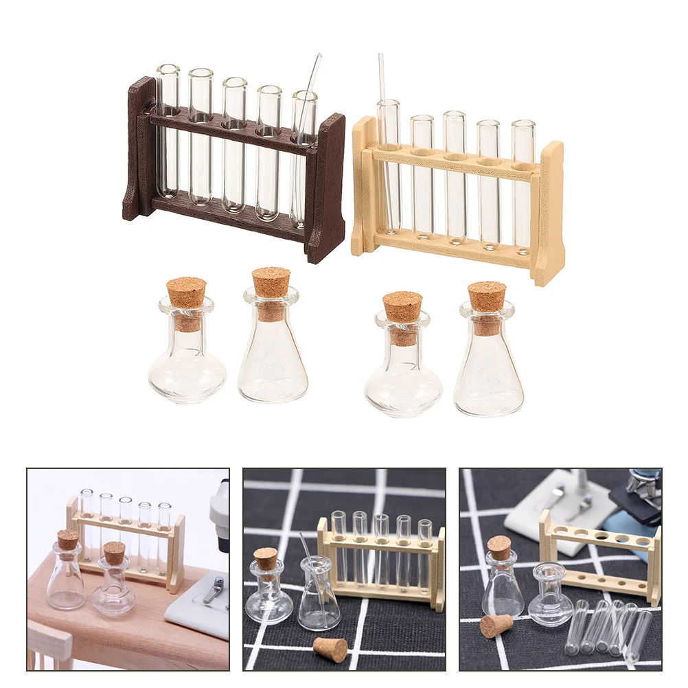 

2 Sets Dollhouse Mini Simulated Glass Test Tube Measuring Cup Miniature Science Rack Tubes Tiny Model Furniture Decorations