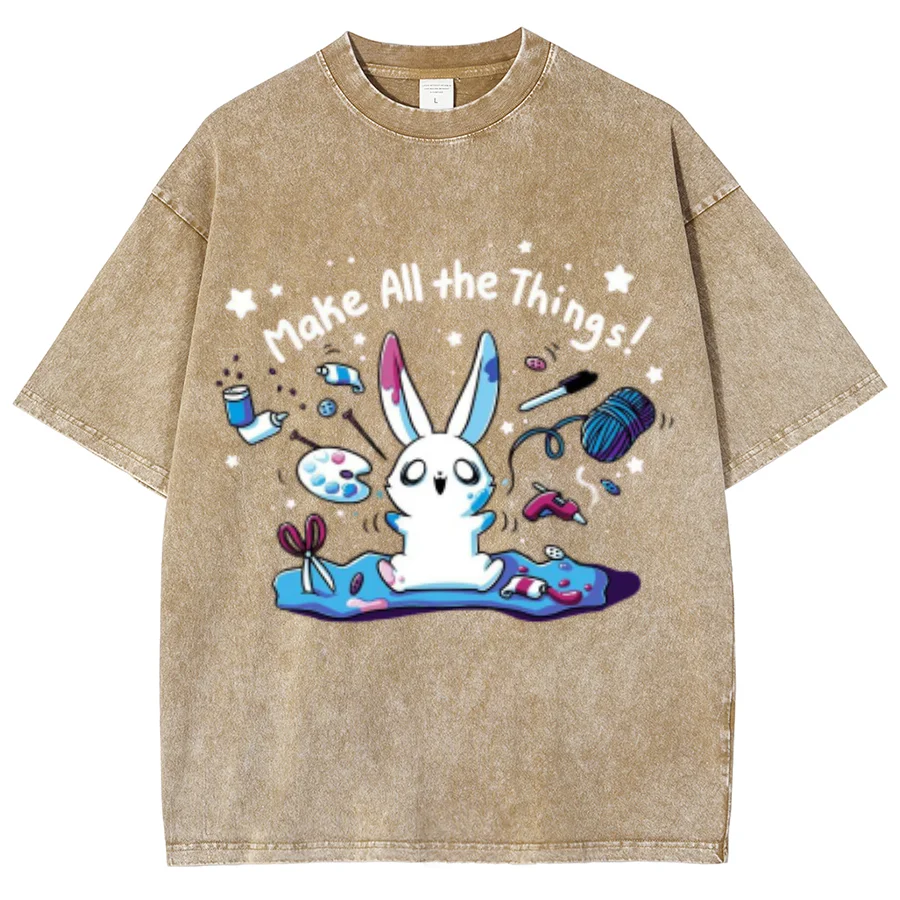 2024 Vintage Washed Denim T-shirt Cute Rabbit Graphic Print Tees Casual Cool Unisex Top Commuting Comfort Basic Tshirt