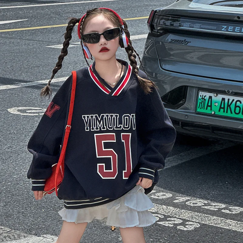 Children American Retro College Hoodie Spring UNITIM Printed Sport Loose Sweatshirt Trendy Polyester Fiber Kids Girls Pullovers