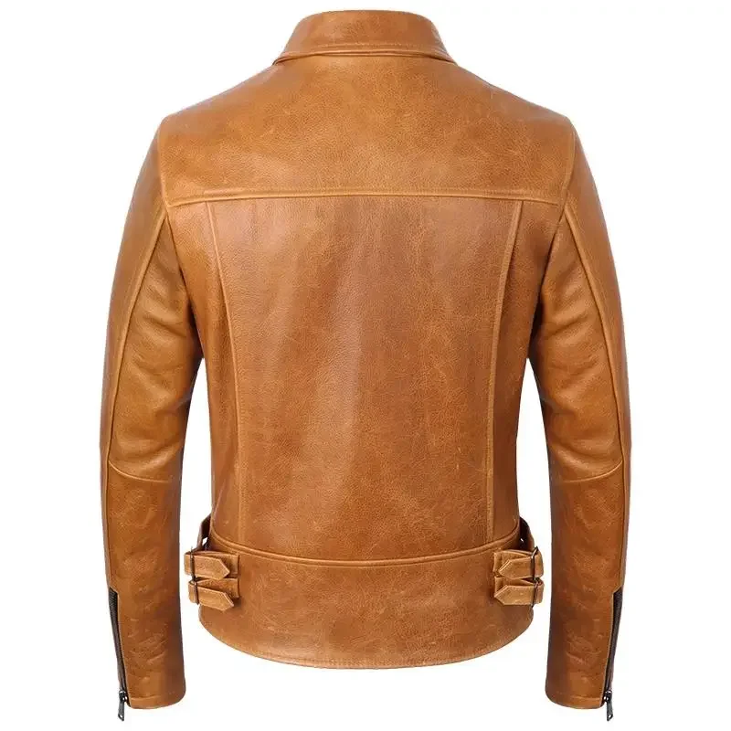 LNY Shop Best.Biker Brand new Oil wax cow leather clothing,mens 100% genuine leather vintage coat,yellow slim leather jacket